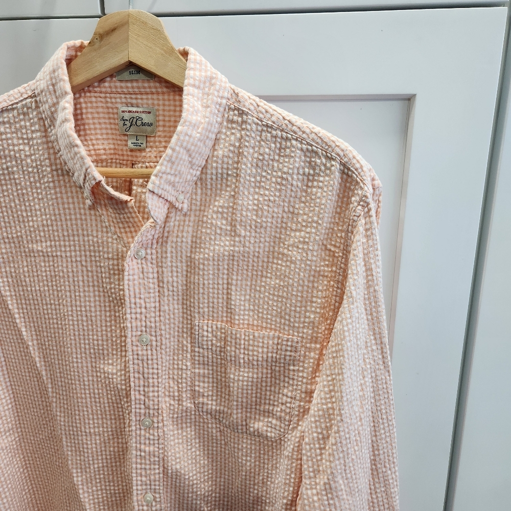 J Crew Slim Seersucker Button Down Shirt Orange Gingham Organic Cotton Large - Picture 2 of 8